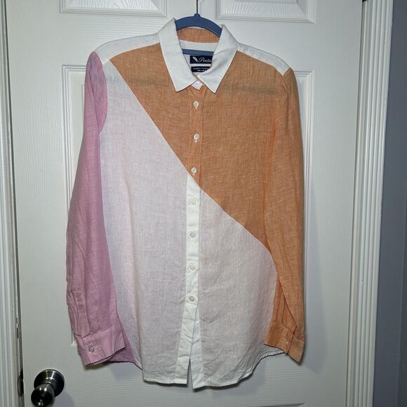 Poeta Shirt Mens XL Colorblock Pink Orange White 100% Linen Button Front NWOT - Picture 1 of 8